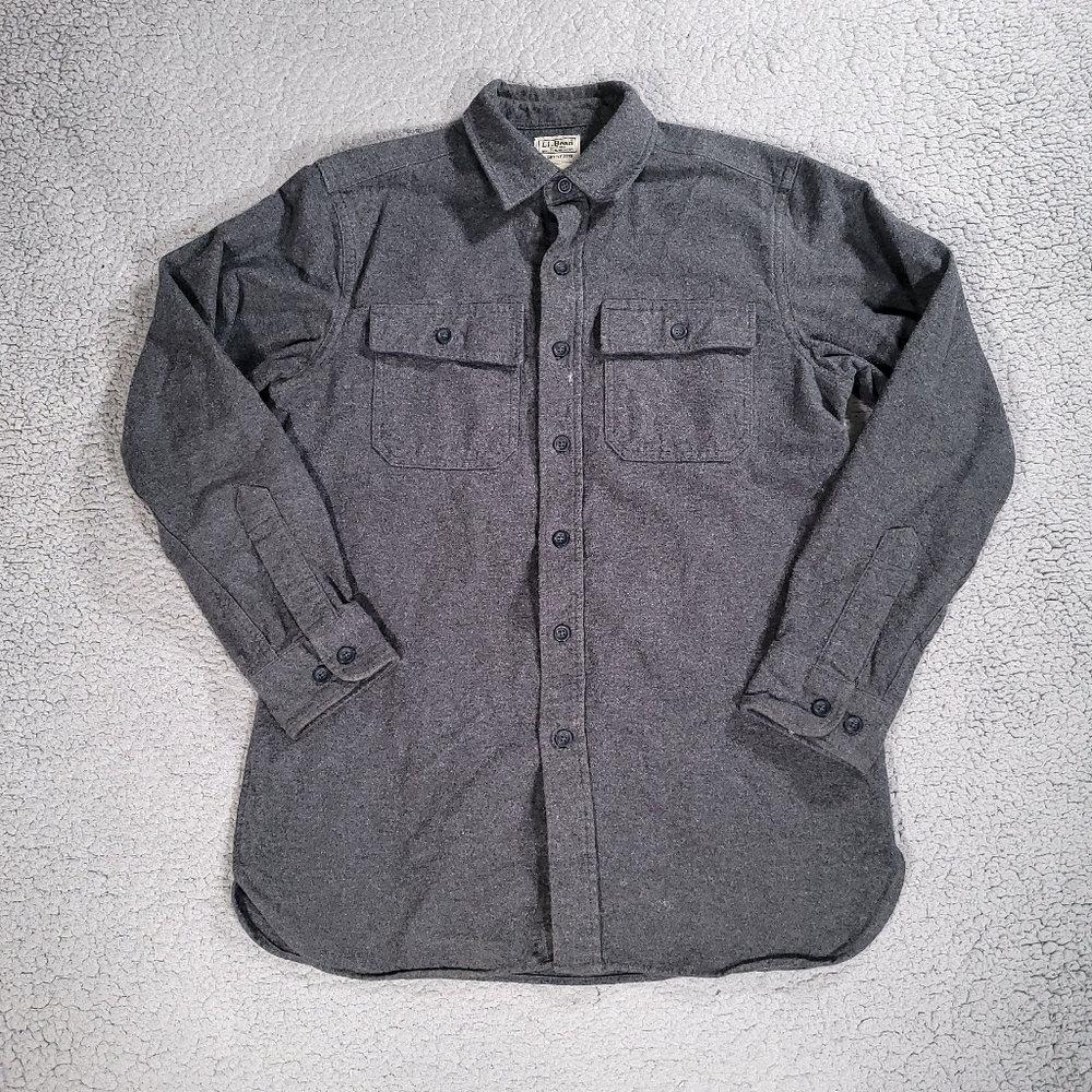 LL Bean Shirt Mens Medium Gray Chore Barn Flannel Pockets Long Sleeve